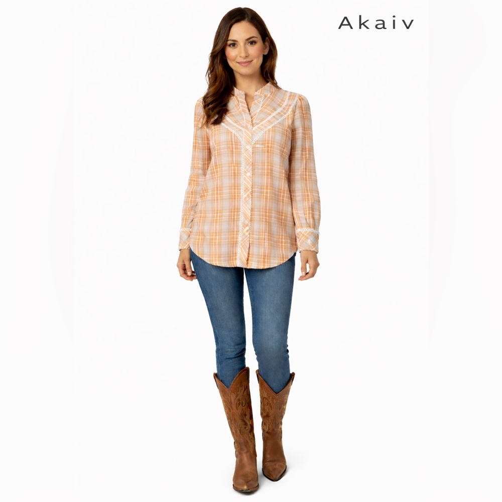 AKAIV Western Plaid Lace Trim Button Front Top NWT Medium 100% Cotton